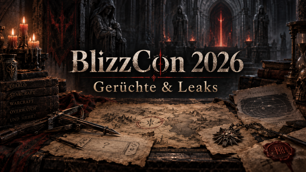 BlizzCon 2026 – Gerüchte & Leaks: düstere Halle mit Kerzen, Büchern, Karten und einer Armbrust als symbolisches Titelmotiv.