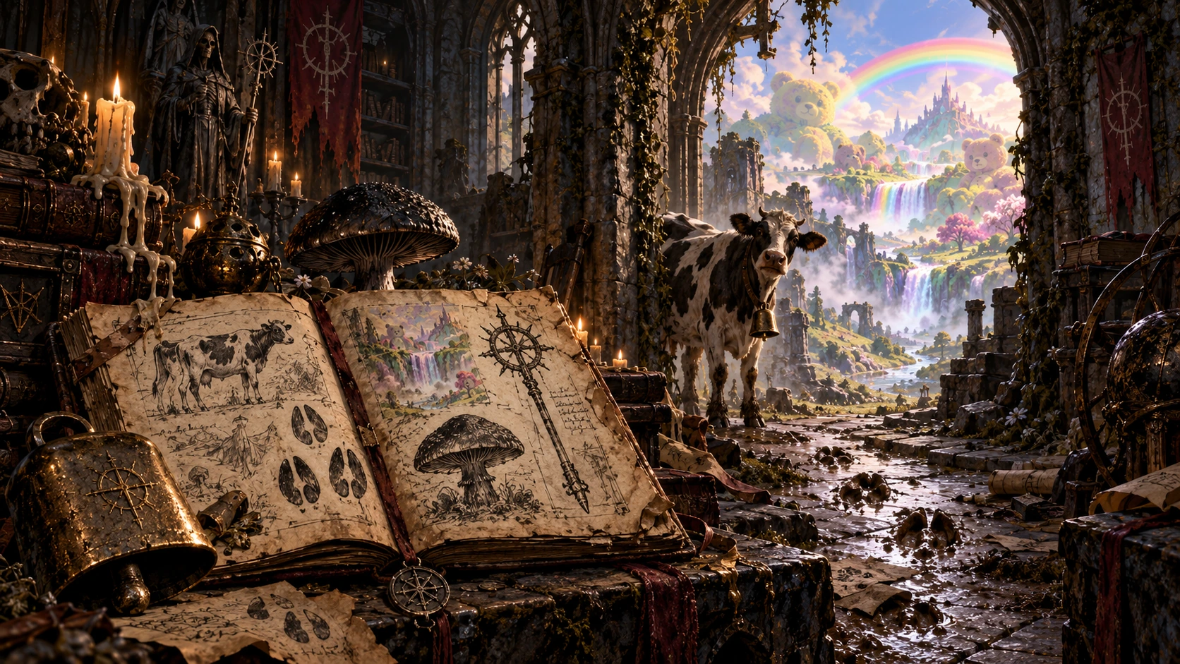 Kuh mit Glocke vor einer Regenbogenlandschaft, daneben ein aufgeschlagenes Buch und ein schwarzer Pilz
