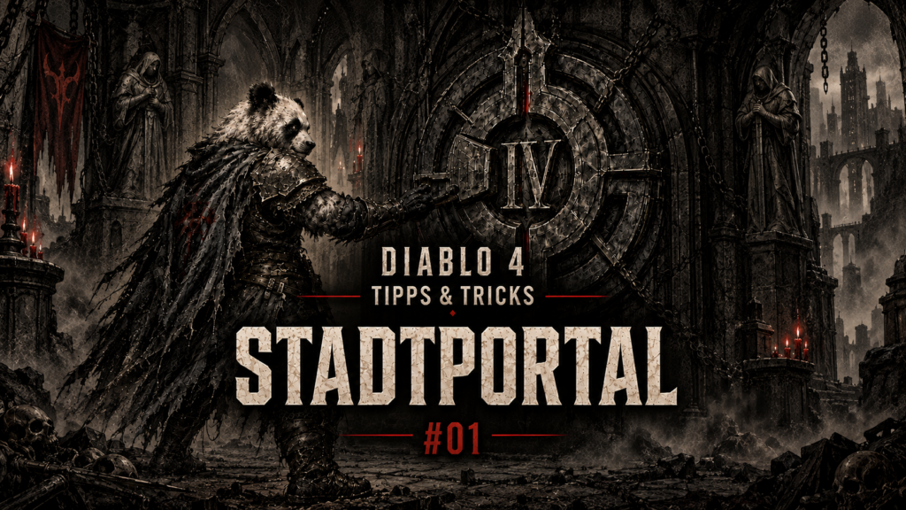 Gepanzerter Panda vor einem Portal mit der Aufschrift „Diablo 4 Tipps & Tricks – Stadtportal #01“.