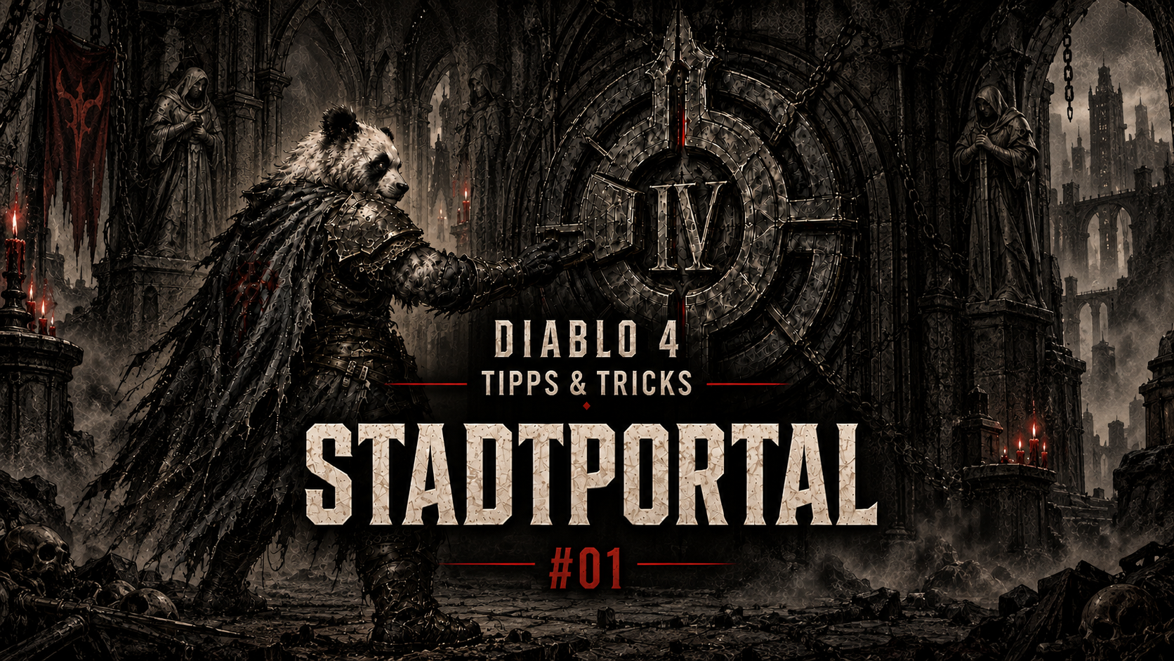 Gepanzerter Panda vor einem Portal mit der Aufschrift „Diablo 4 Tipps & Tricks – Stadtportal #01“.